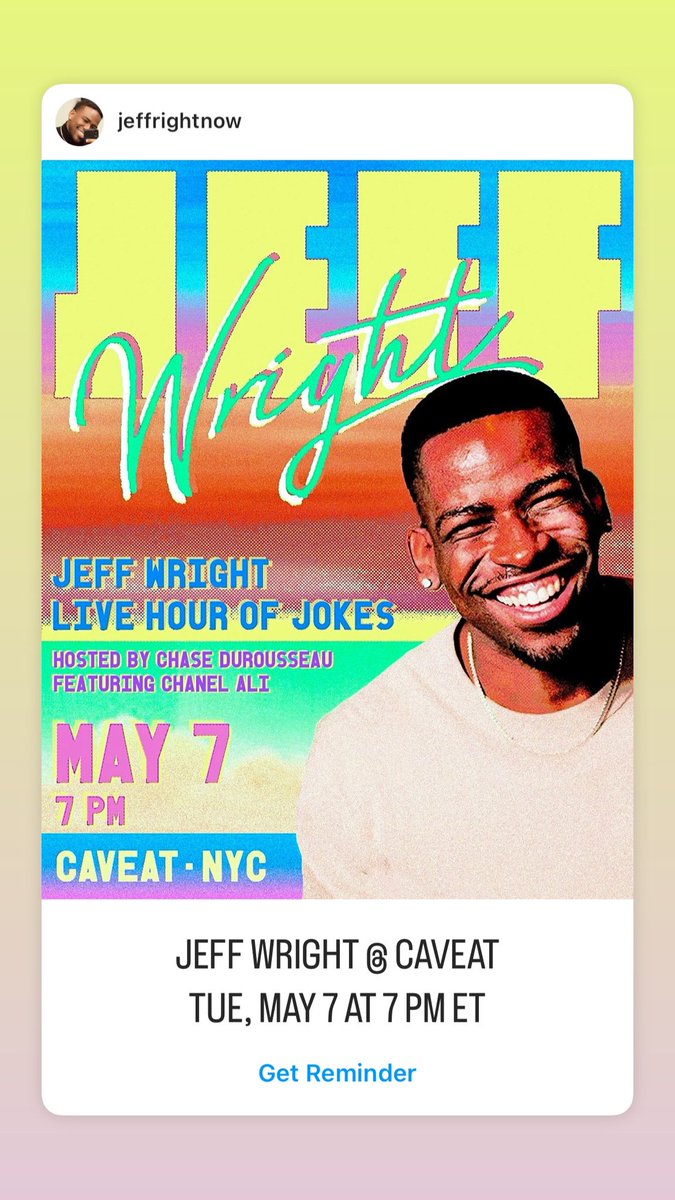 NYC! I’m taping an hour of jokes on Tues, May 7 @caveatnyc featuring @chase and @chanelali. Come support your boi caveat.nyc/events/jeff-wr…