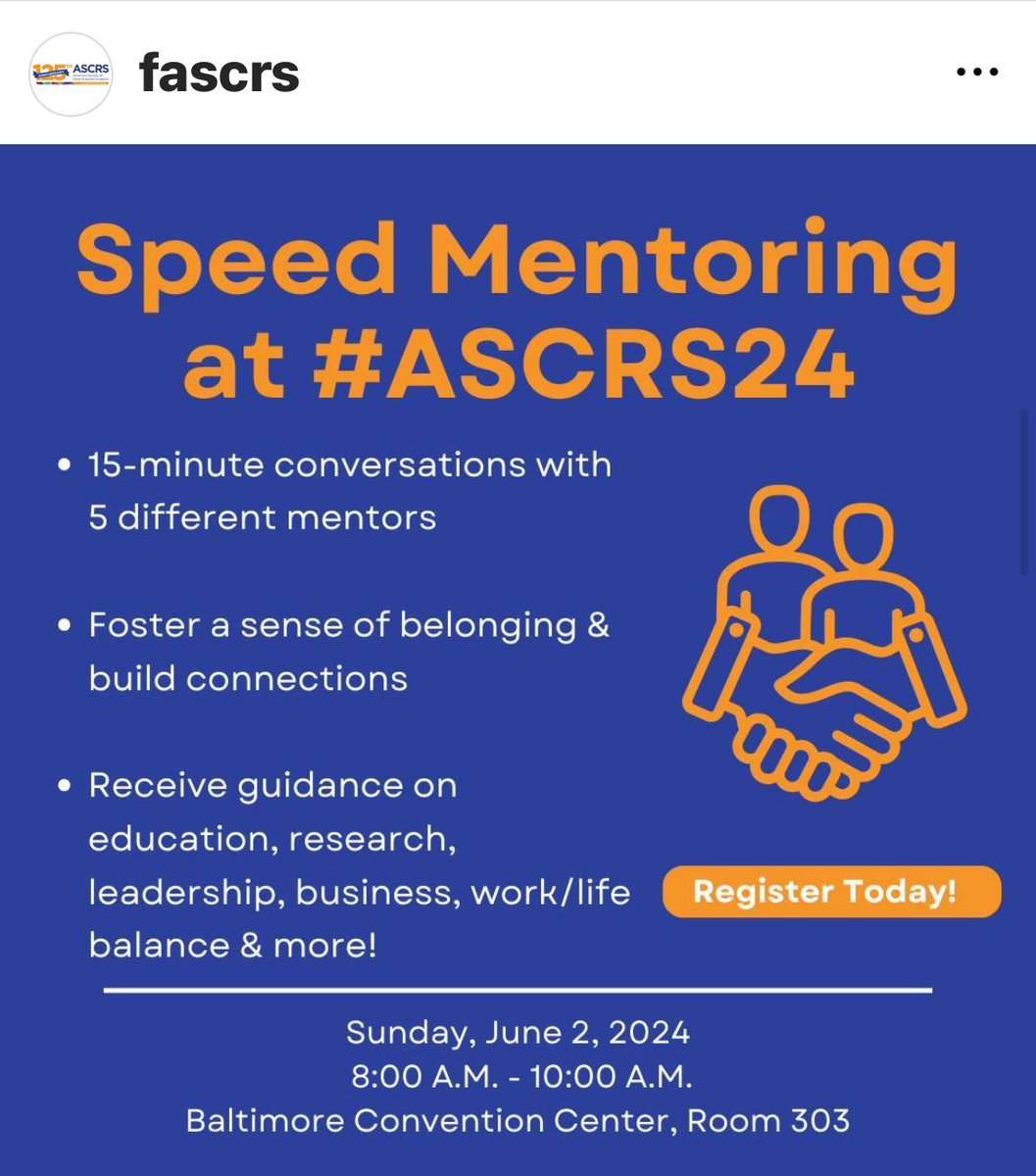 @Doc_Brown44 and I are so excited to host the 3rd annual @ASCRS_1 Speed Mentoring in Baltimore. We have an amazing mentor group who will be participating and we would love to have you join! @CRSVirtualEd @alexhawkinsmd @EKing719 @D_JafariMD