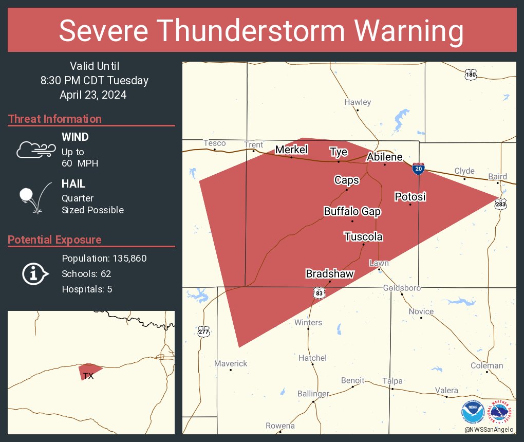 Severe Thunderstorm Warning including Abilene TX, Potosi TX and Merkel TX until 8:30 PM CDT