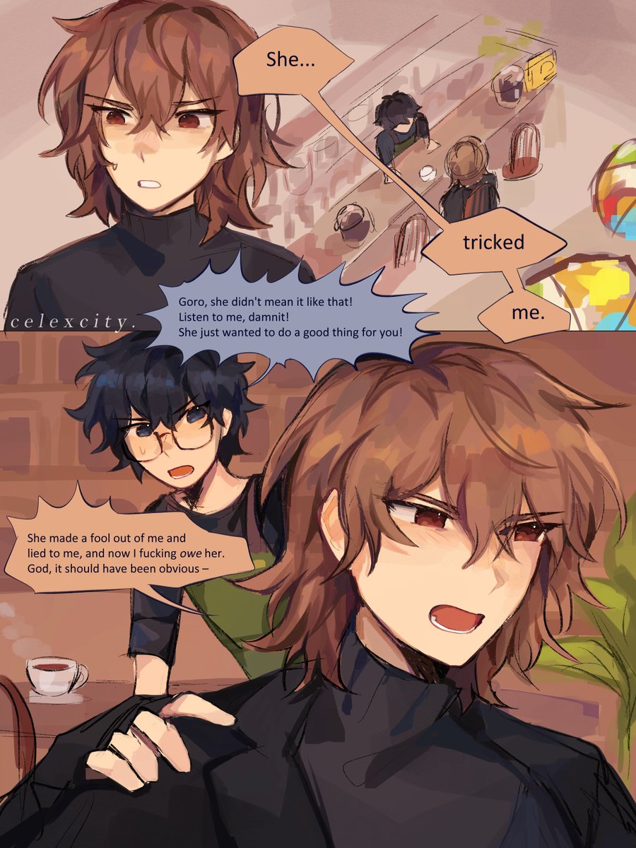 celexcity's tweet photo. ( royal trio; part 2/2 ) p5r spoilers
"... well, was there anything about the bento you didn't like? so i can fix it for next time?" "there won't BE a next time." https://t.co/iNXLjUi74F
