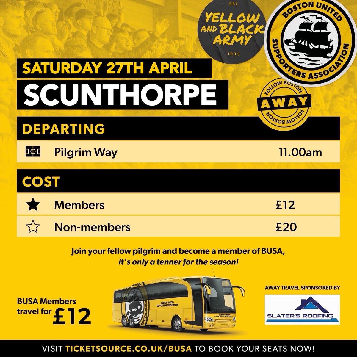 Semi-finals, here we come!

The Supporters Association coach for Scunthorpe is now live on TicketSource, please book early so we can get an idea of numbers. More updates to follow.

🧡 Members £12
🖤 Non-members £20