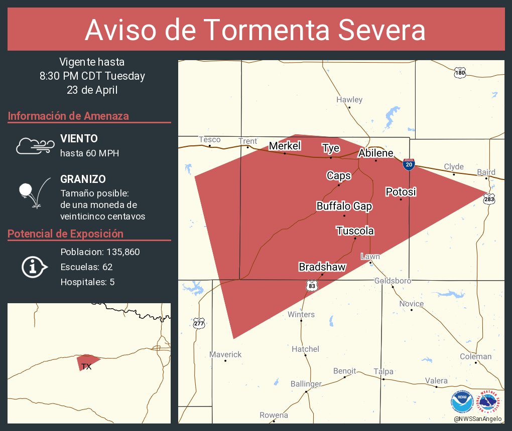 Aviso de Tormenta Severa incluye Abilene TX, Potosi TX, Merkel TX hasta las 8:30 PM CDT