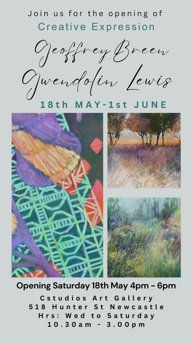 ~Upcoming Exhibition~
Feel welcome to join us for the next opening at Cstudios Art Gallery.

‘Creative Expression’ 
Saturday 18th May 
4pm - 6pm
The well known &amp; accomplished artists Gwendolin Lewis &amp; Geoffrey Breen exhibit together. 
Closes 1st June.