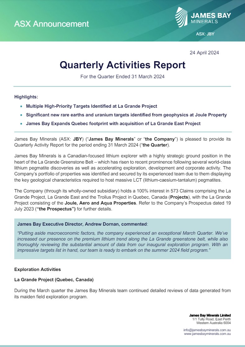 James Bay Minerals is pleased to provide its Quarterly Activity Report for the period ending 31 March 2024. ow.ly/71WR50RmNlJ $JBY #lithium #exploration #JamesBay #Canada #Quebec #QuarterlyReport