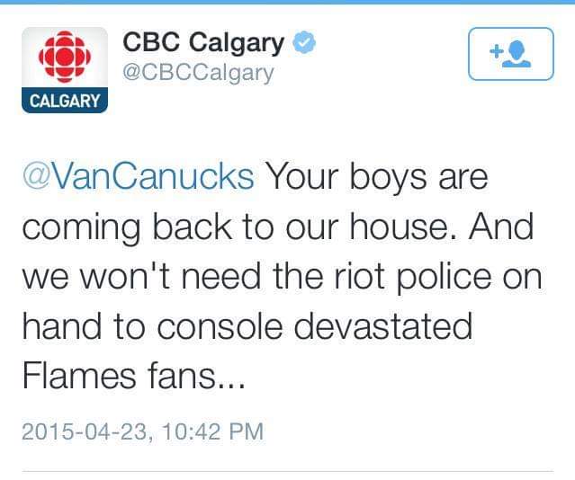 Never forget this banger tweet from 9 years ago. The last time the Canucks were in the Playoffs... @CBCCalgary I do wonder how the Flames players vacation are currently going though. Maybe you can interview them since they have so much downtime now... 🤔