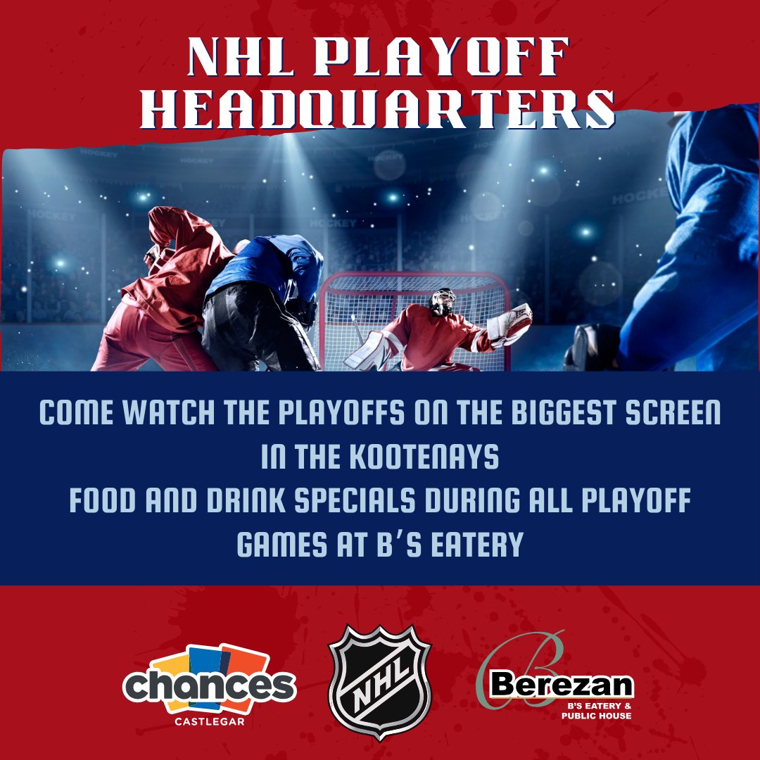 Puck drops here! 🏒 Join us at B's Eatery to catch all the NHL playoff action on the biggest screen in the Kootenays! 📺 Score with our food and drink specials available during every game. 🍔🍻 Don’t miss a moment of the excitement!

Sun-Thurs from 12-8pm
Fri-Sat from 12-9pm