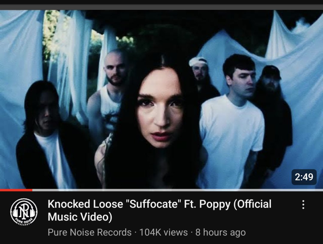 SOTSPodcast's tweet photo. The music video for Suffocate by Knocked Loose ft. Poppy has surpassed 100K views in 8 hours. https://t.co/T6hisLKfCG