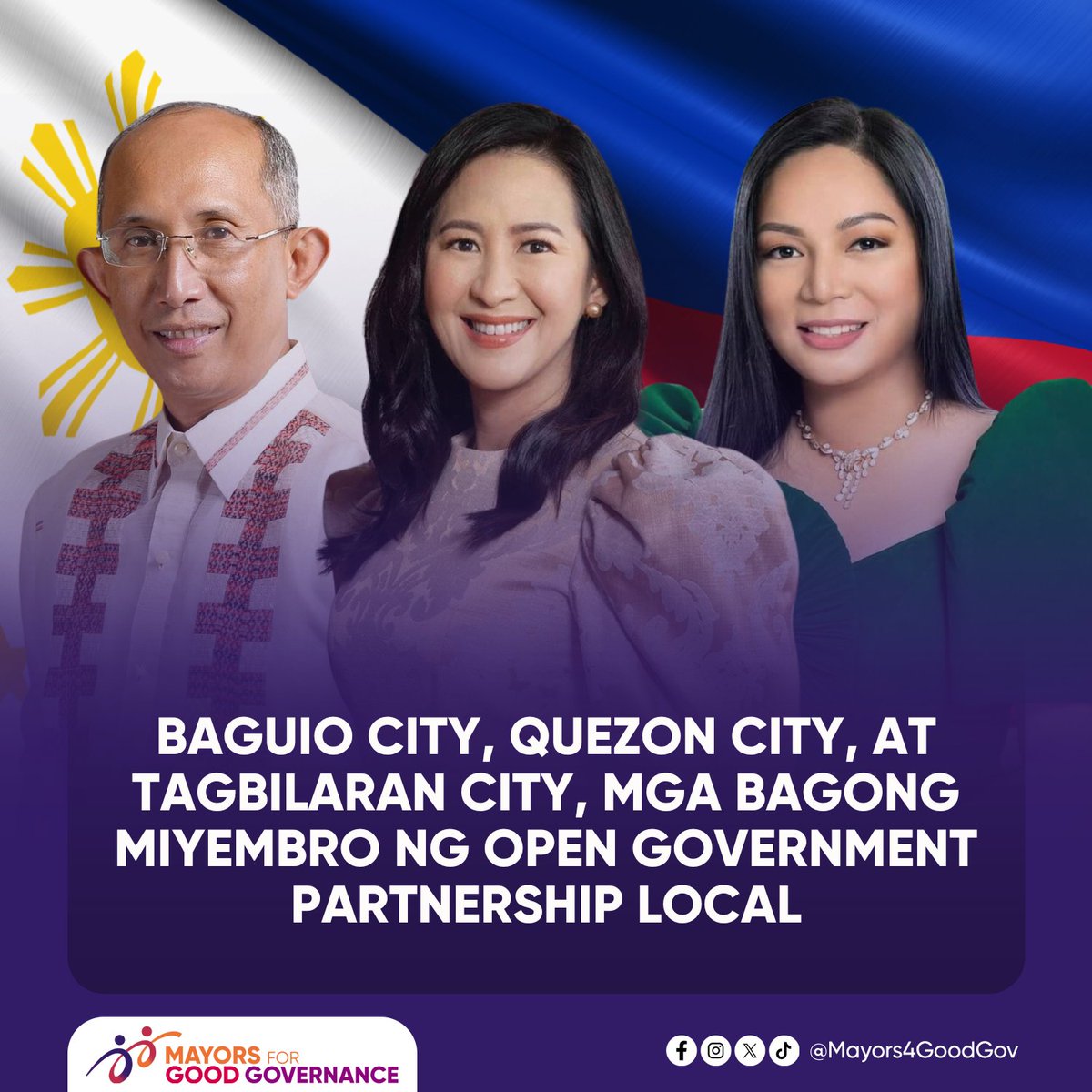 Kabilang na ang mga lungsod ng Baguio, Quezon, at Tagbilaran sa Open Government Partnership (OGP), isang organisasyong nagsusulong ng bukas at transparent na pamamahala sa buong mundo. 

BASAHIN: opengovpartnership.org/news/55-local-…

#MayorsForGoodGovernance