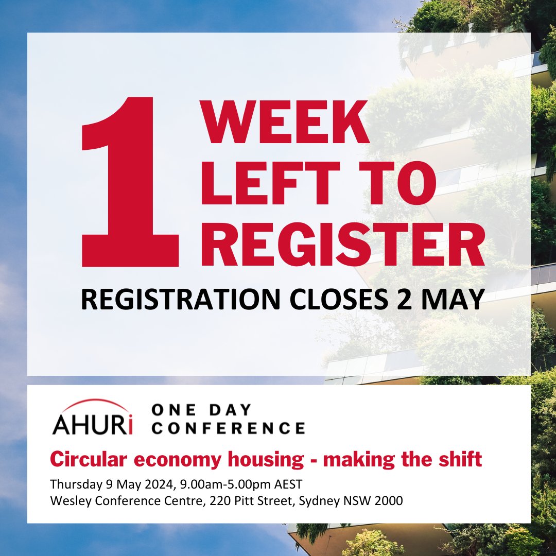 Time is running out! There's only 1 week left to register for the conference 'Circular economy housing - making the shift' before registrations close on 2 May. Can't attend in person? Virtual registration is available. Don't miss out! → bit.ly/48oOOTO #circulareconomy