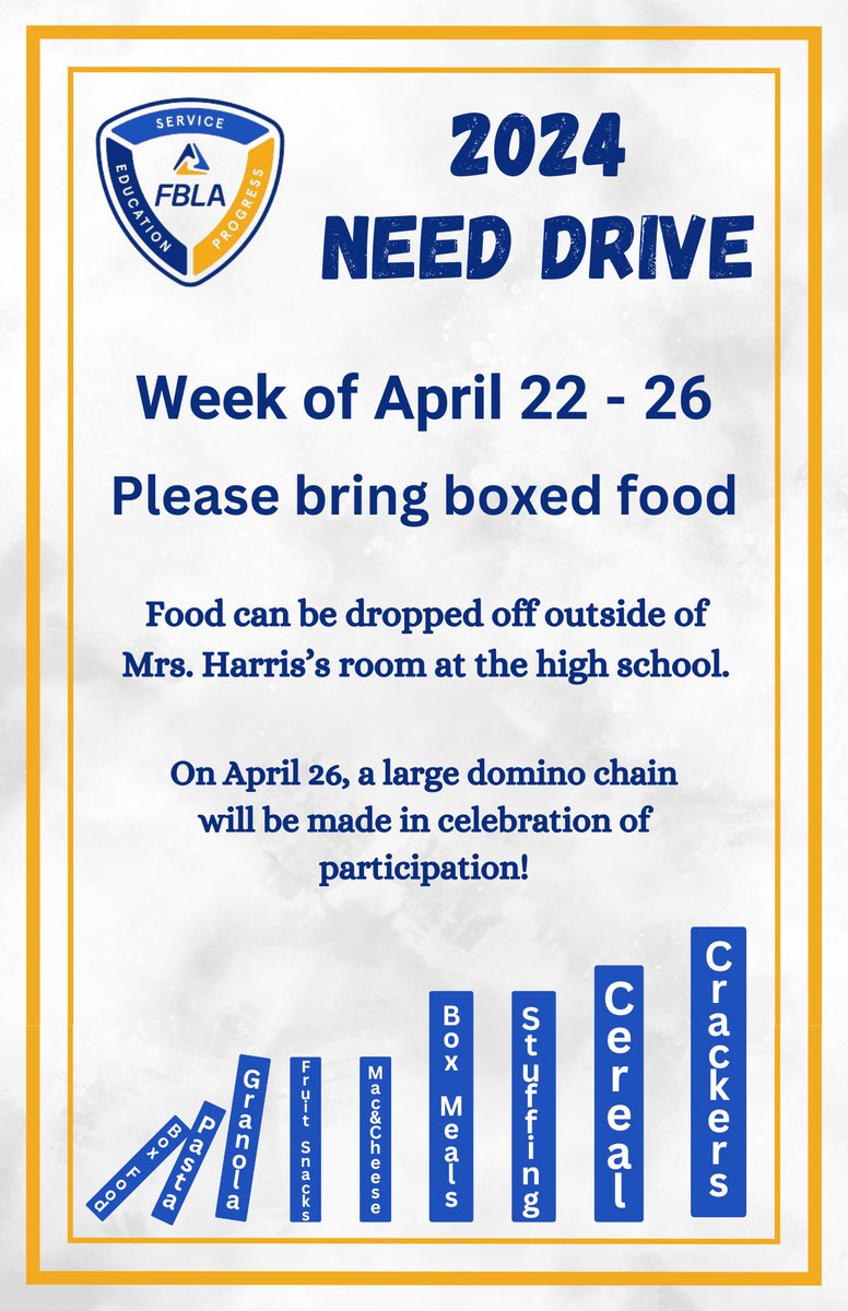 We need more boxed goods! You can drop them off until Friday, April 26, 2024, after school.
