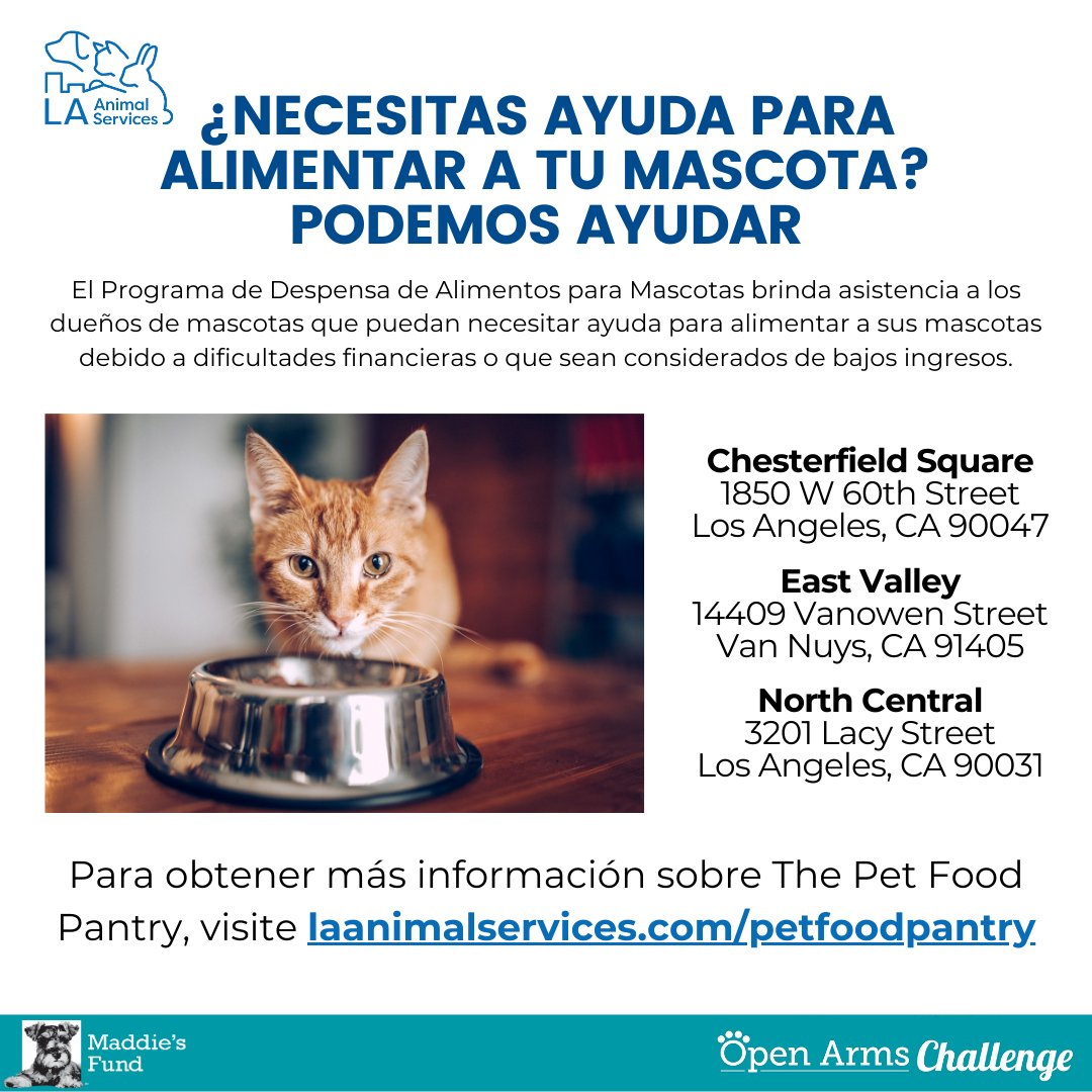 LACityPets's tweet photo. LA Animal Services is participating in the @maddiesfund #OpenArmsChallenge. The Pet Food Pantry is a community resource to assist low-income families & individuals in the City of Los Angeles experiencing financial hardship who need help feeding their pets. https://t.co/t7avrF21p3 https://t.co/fCSQWFsyyE