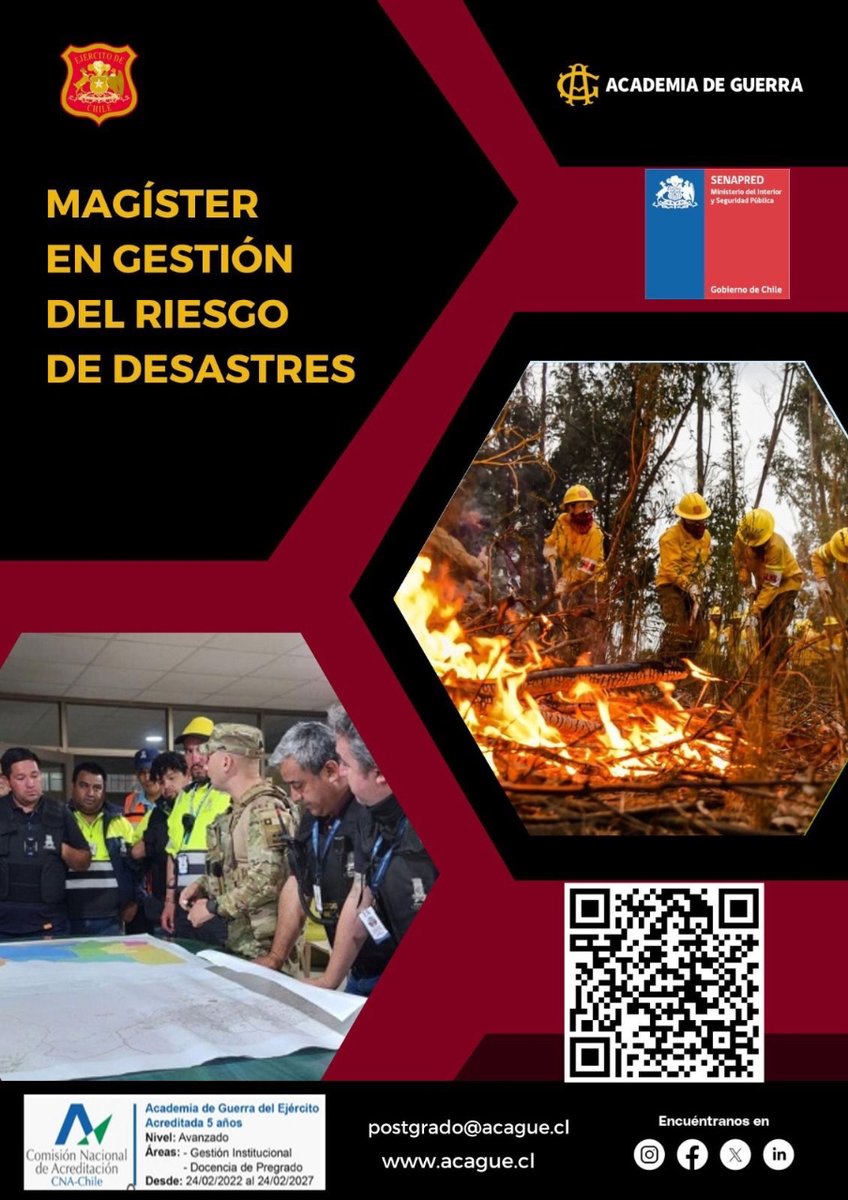 La @AcademiaGuerra invita a participar de la IV versión del Magíster en Gestión del Riesgo de Desastres, que inicia el segundo semestre de 2024. Para más información, escanea el QR👇