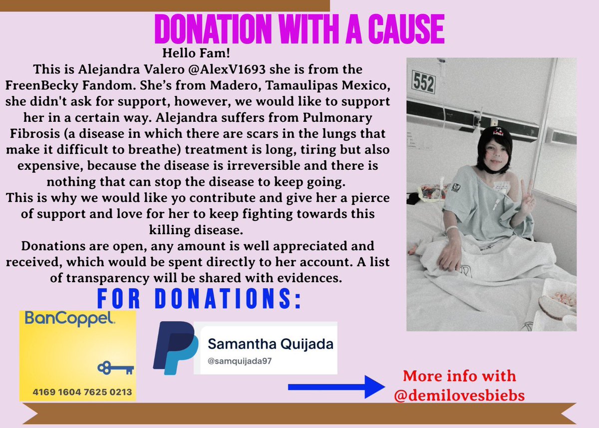 🚨🚨🚨 this nos freenBecky related but is from a girl from the fandom. 

Her name is Alejandra, and she suffers from Pulmonary fibrosis (a disease that causes scars in the lungs and makes it hard to breathe) 

I am opening donations for her treatment.