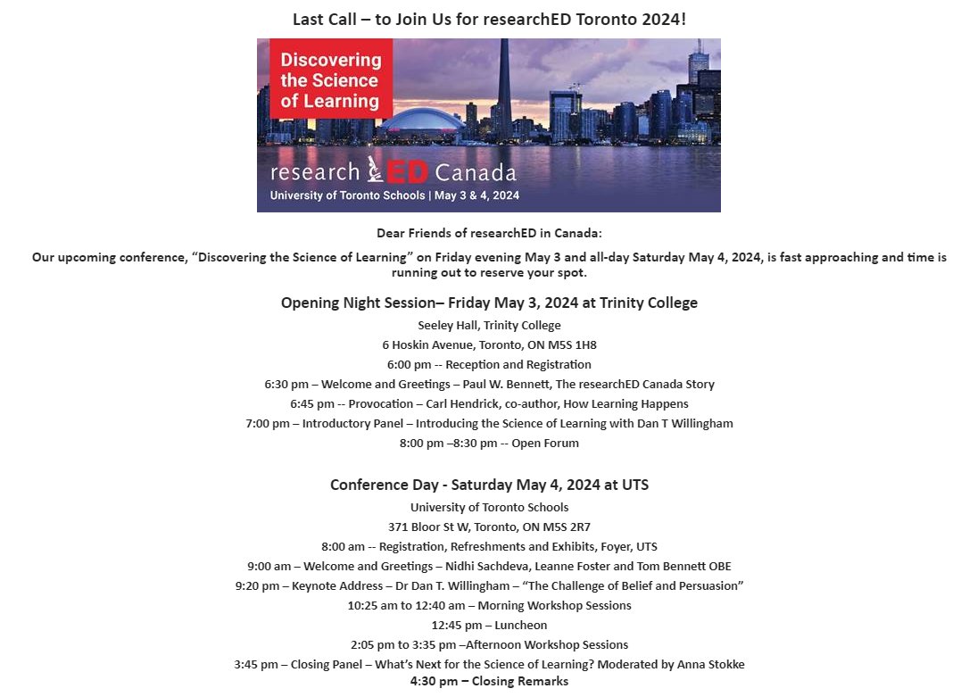 WOW!! Look at that for a programme! Still time to get your ticket - that looks worth every penny of $100 (including food!) What a fantastic line up! @researchEDCan @tombennett71 @C_Hendrick @P_A_Kirschner @DTWillingham @rastokke