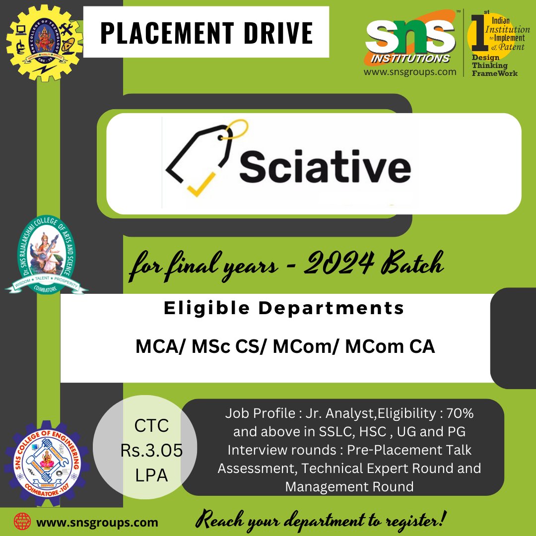 On-Campus Placement Drive - Sciatuve for final years - 2024 Batch – Eligible : MCA / M.Sc CS / M.Com CA

#SNSInstitutions #SNSDesignThinkers #DesignThinking

#Bestcollege #engineeringcollege #coimbatore #trending #placementdrive #placement