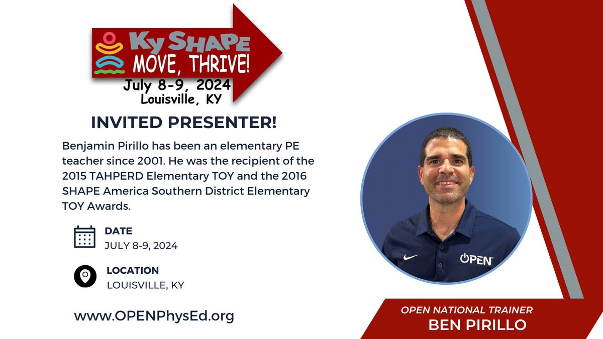 We are excited that @CoachPirillo will be presenting 2 #physed sessions at @KY_SHAPE #MoveThrive24 this July! Find out all the details at bit.ly/43RJ5Fl! #teachershelpingteachers #everydayisgameday