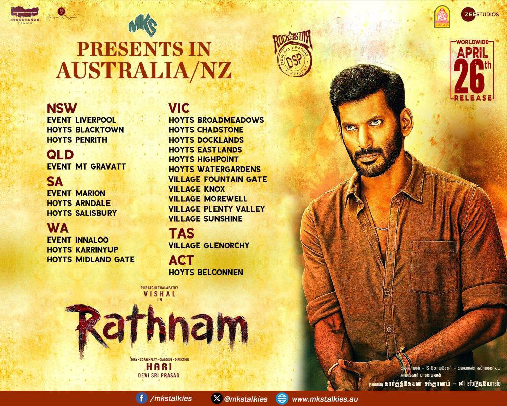 Don't miss the thrilling new action flick, #Rathnam , starring the dynamic #Vishal ! With an impressive ensemble cast and the directorial prowess of Hari, this movie is set to captivate audiences across the UK, USA, and Australia. #Vishal 's fans are in for a real treat, as he