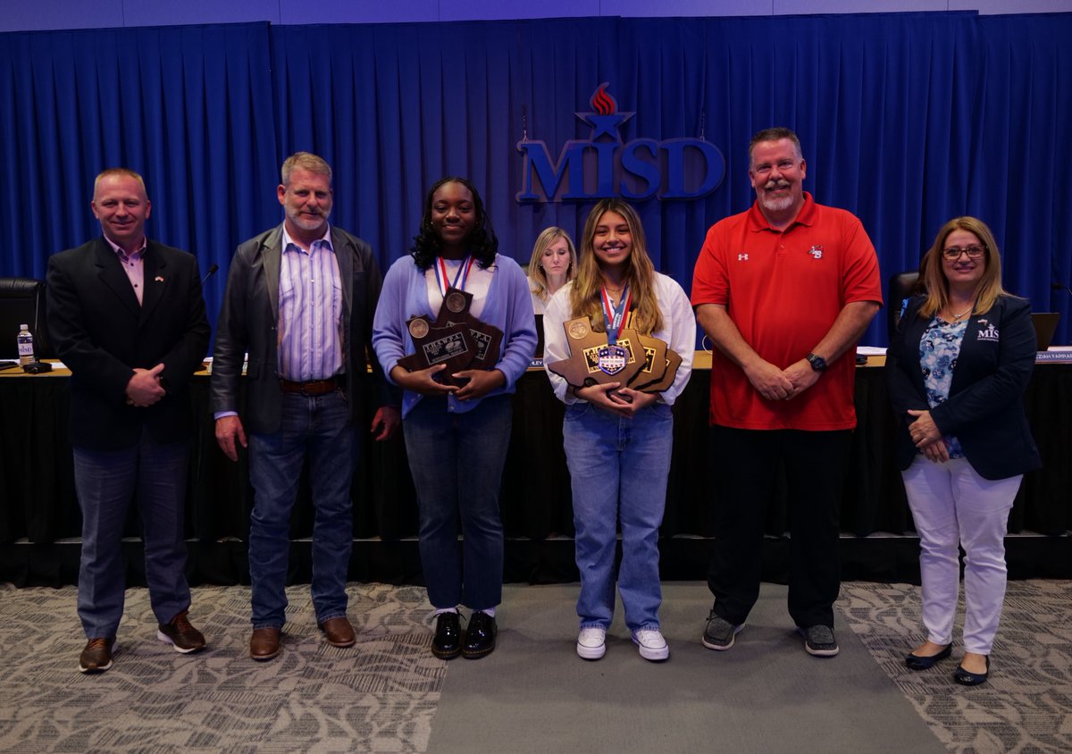 mansfieldisd's tweet photo. At tonight's regular board meeting, 2 MISD athletes were recognized for competing in powerlifting at the state level. 🏆

Congratulations to Esther Adedire of Summit High School &amp; Crystal Hernandez of Legacy High School for becoming state champions! https://t.co/xEl78OR95r
