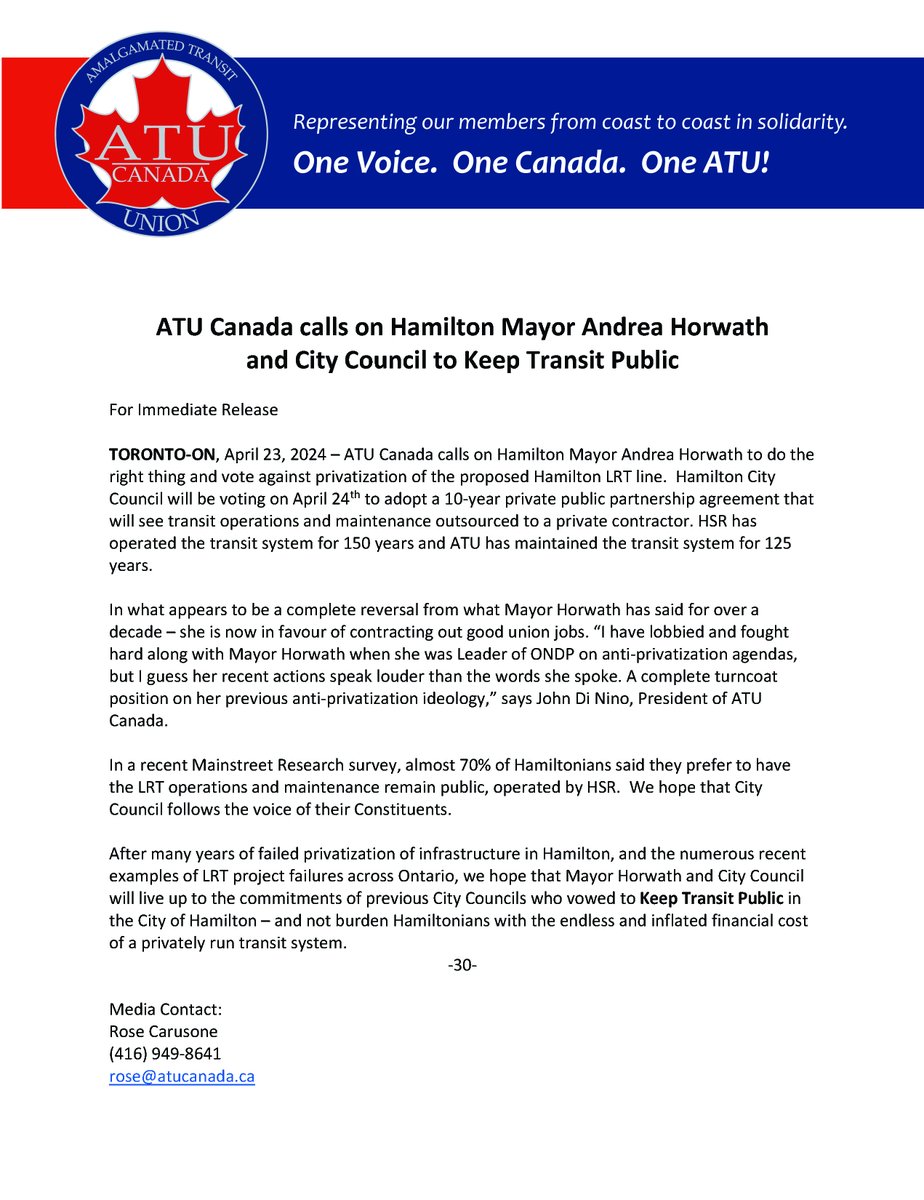 Press Release:  ATU Canada calling on Hamilton Mayor Horwath and City Council to say no to privatization of LRT operations and maintenance in tomorrow's vote! #KeepTransitPublic #canlab