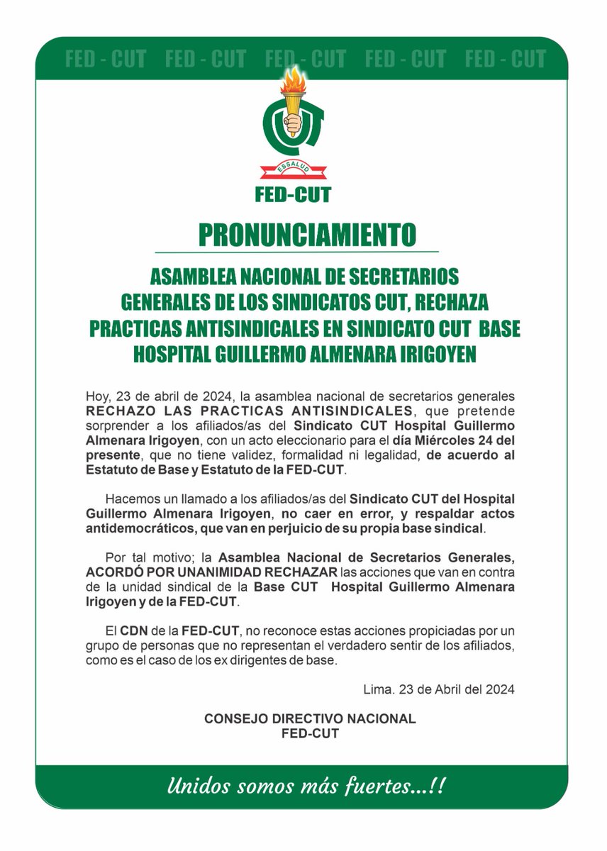 📣 La Asamblea General de Secretarios Generales de los sindicatos de la CUT se une en una voz para rechazar las prácticas antisindicales en el Sindicato CUT Base Hospital Guillermo Almenara Irigoyen. 🏥

#FEDCUT #AsambleaGeneral #NoMásPrácticasAntisindicales #DerechosLaborales