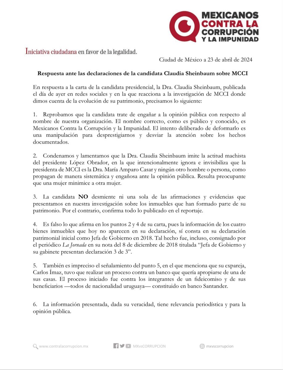 La candidata @Claudiashein dijo en el debate presidencial que vivía en una casa rentada, aparentando que nunca tuvo ningún patrimonio. @vayalamty documentó la historia de sus 4 casas. La respuesta fue la descalificación y la misoginia. Aquí su carta y nuestra respuesta 👇🏼