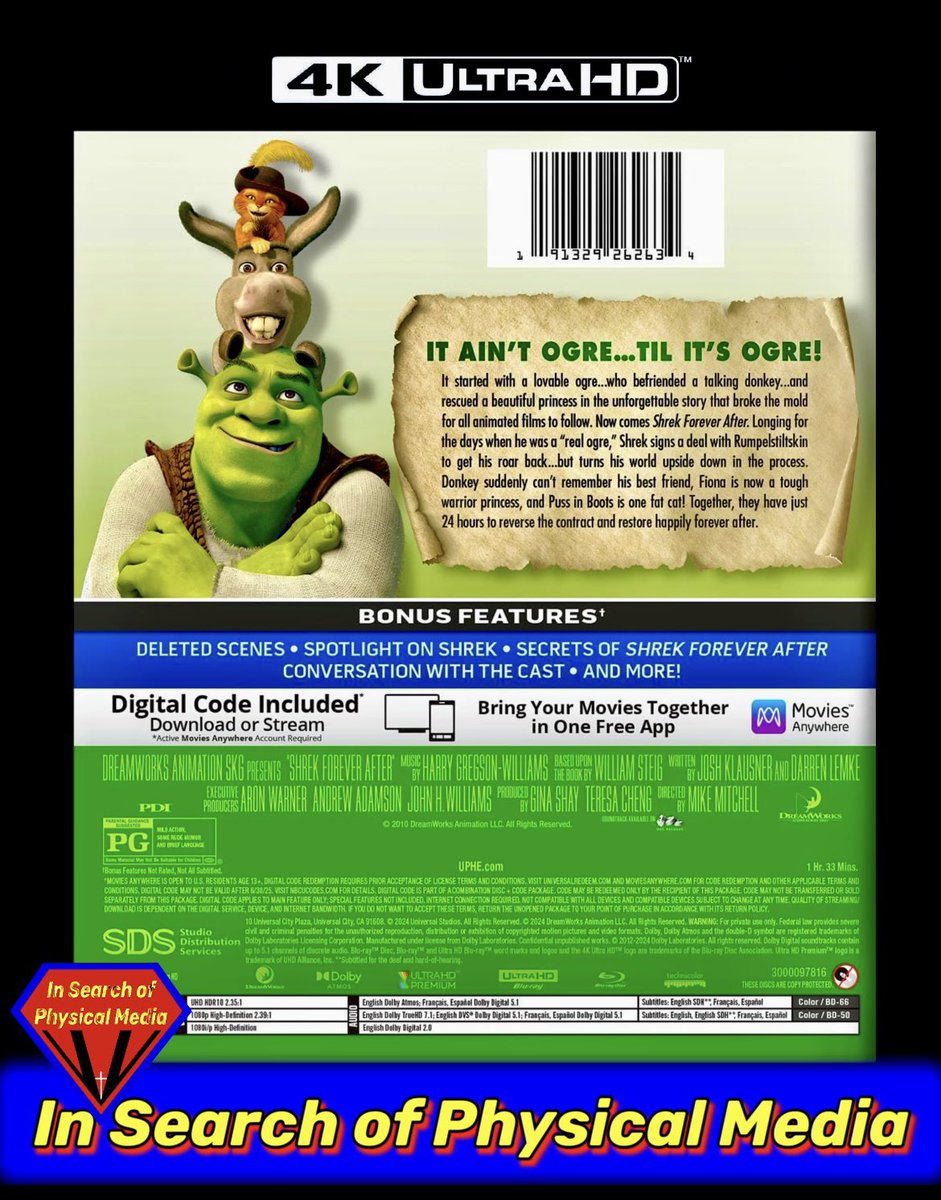 💥Releasing 06/11/24 NEW 4K Restoration HDR10 &
🔊DOLBY ATMOS🔊 for funny (2010) animated comedy film,
🟢SHREK Forever After 4K UltraHD💿Blu Ray, Amazon sale link:⤵️⤵️
➡️ amzn.to/4aJoAxk

⚠️Here’s my SHREK 4K💿 in-depth review video:⤵️
➡️ youtu.be/w4IbW3UIgSU

✅