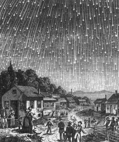 El 12 de noviembre de 1833, la lluvia de meteoros de las Leónidas fue tan intensa que hizo posible ver hasta 100 000 meteoros cruzando el cielo cada hora. En ese momento, muchos pensaron que era el fin del mundo, tanto que inspiró este grabado en madera de Adolf Vollmy.