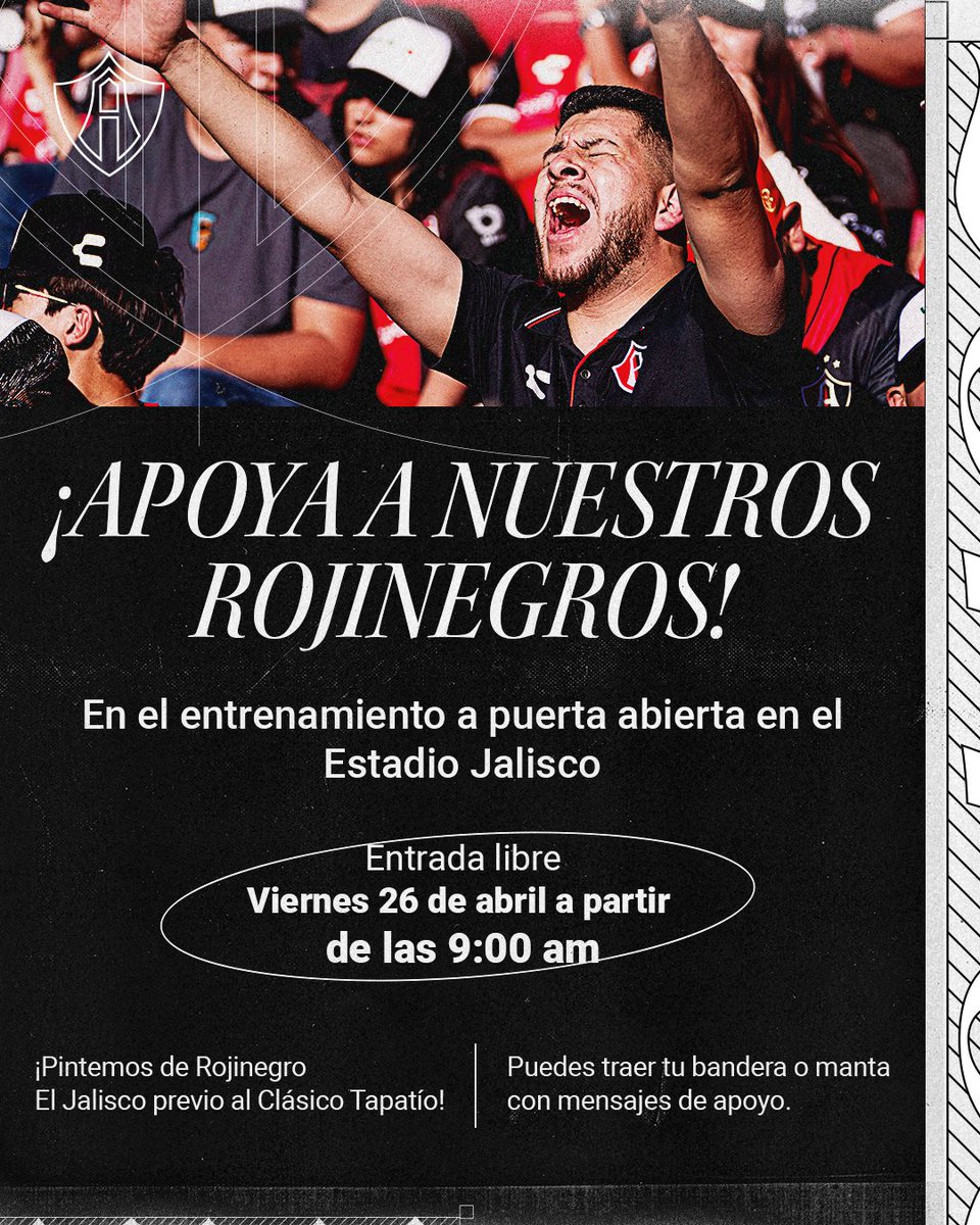 ¡Rojinegros, nos vemos en El Jalisco! 🏟️

Queremos invitarlos a acompañar al equipo al entreno previo Al Clásico Tapatío ❤️🖤

Pueden traer sus banderas o mantas con mensajes de apoyo 🦊

#NoSeExplicaSeSiente