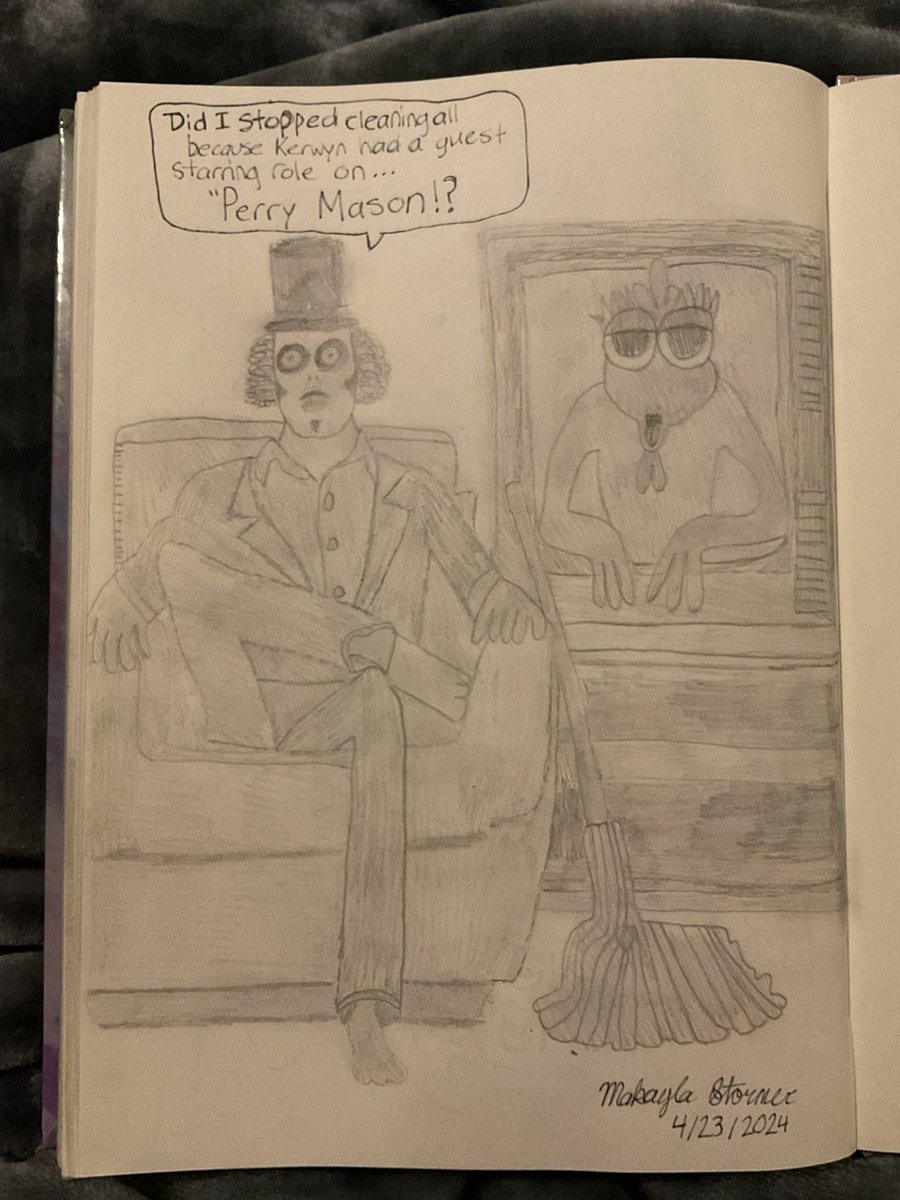 When Kerwyn makes a guest appearance on “Perry Mason”, #Svengoolie always supports him!! Here is another pencil artwork of @Svengoolie taking time to see #Kerwyn on #PerryMason! #SvenPals #LoveSven
