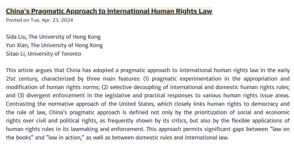 💡Read this article by @ProfLiuSida, Yun Xian & @li_sitao arguing that China has adopted a pragmatic approach to international human rights law in the early 21st century. Chinese Law Blog: ccl.law.hku.hk/chinese-law-bl… Chinese Law eJournal: papers.ssrn.com/sol3/papers.cf…