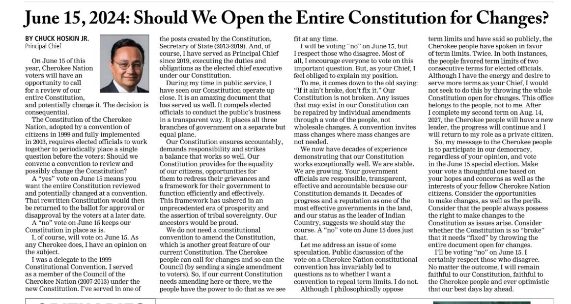 “If it ain’t broke, don’t fix it.” Above all, fellow @CherokeeNation, get informed and #vote on June 15. My two cents in support of a no vote on a constitutional convention, as it appears in the 4/1/24 edition of the @CherokeePhoenix. Original piece here: tinyurl.com/kzeeesrt