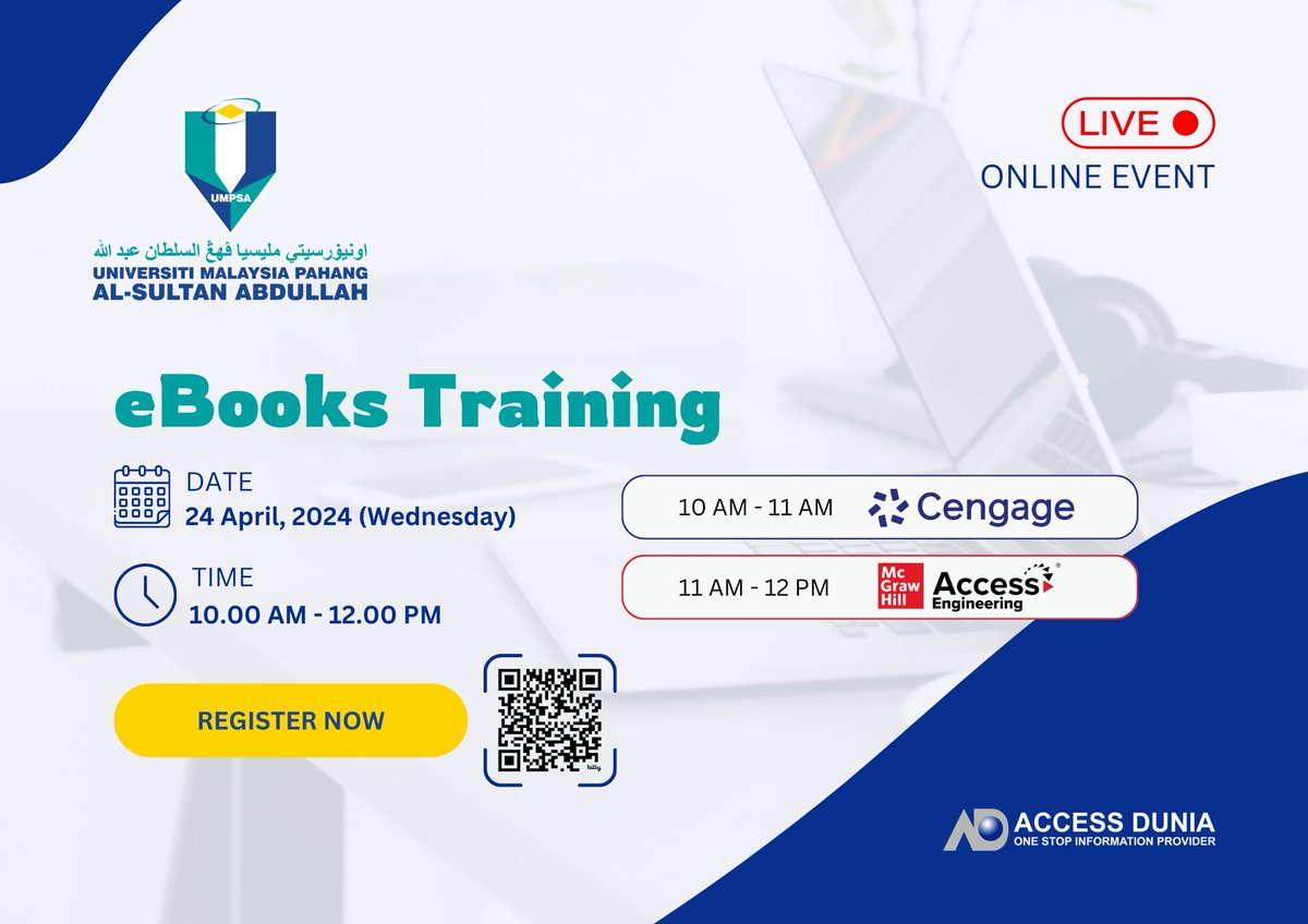 CENGAGE & ACCESS ENGINEERING EBOOKS TRAINING - TODAY
📲Register NOW: bit.ly/4anvoR9?r=qr
*CPD point (staff) & e-certificates (student) will be given
#UMPSA  #UMPSALibrary #UMPSAMalaysia
#libraryumpsa #ebook #accessdunia