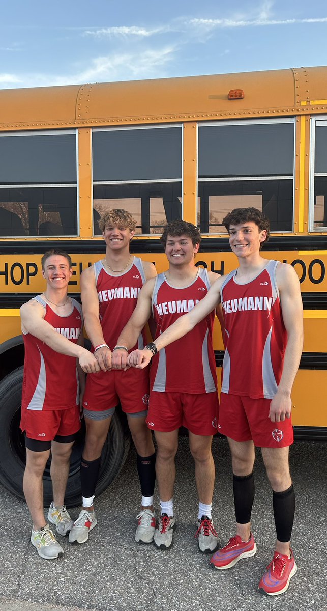 ‼️The Bishop Neumann 4x100 relay team of Trevor Sladky, Connor Schutt, Trent Moudry, and Henry Stuhr break the previous school record of 44.34 with a time of 44.12 today at the North Bend Invite‼️