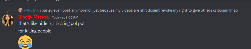 RutrixMain's tweet photo. Btw heres this mf saying that me saying his videos is shit is comparable to hitler saying pol pot is bad because thats not stupid at all. https://t.co/JwO2fktLeG