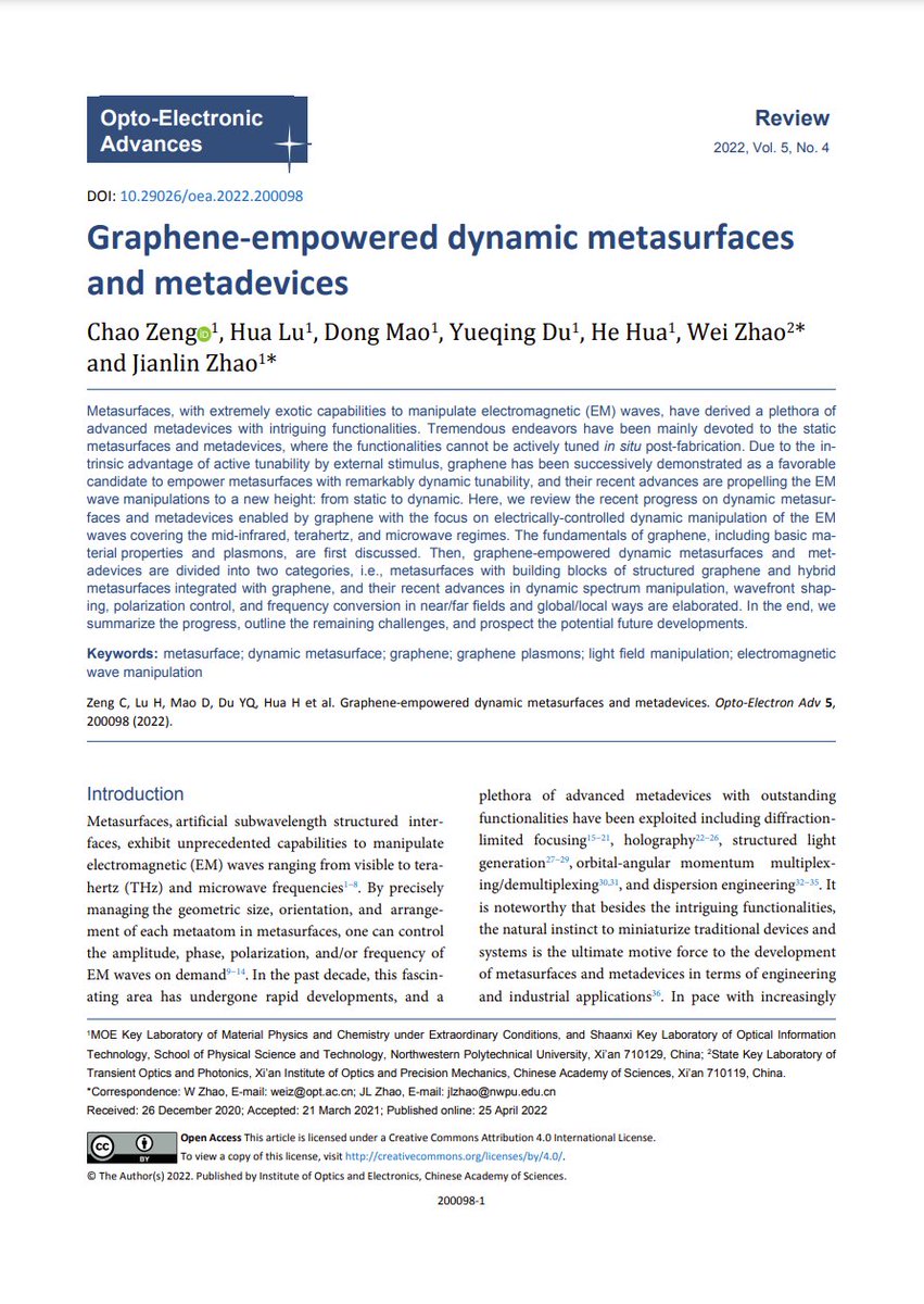 #OEA_retrospect Graphene-empowered dynamic metasurfaces and metadevices doi.org/10.29026/oea.2… By Prof. #JianlinZhao from @NPUintl #metasurface #dynamic #graphene #plasmons #manipulation #metadevices