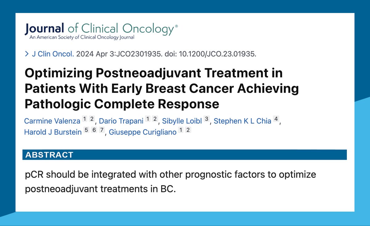 Insightful discussion on optimizing post neoadjuvant treatment in patients with early #BreastCancer achieving pathologic complete response in @JCO_ASCO from @ValenzaCarmine @darioT_ @LoiblSibylle #StephenChia @DrHBurstein and @curijoey Read it here👇 pubmed.ncbi.nlm.nih.gov/38569132/