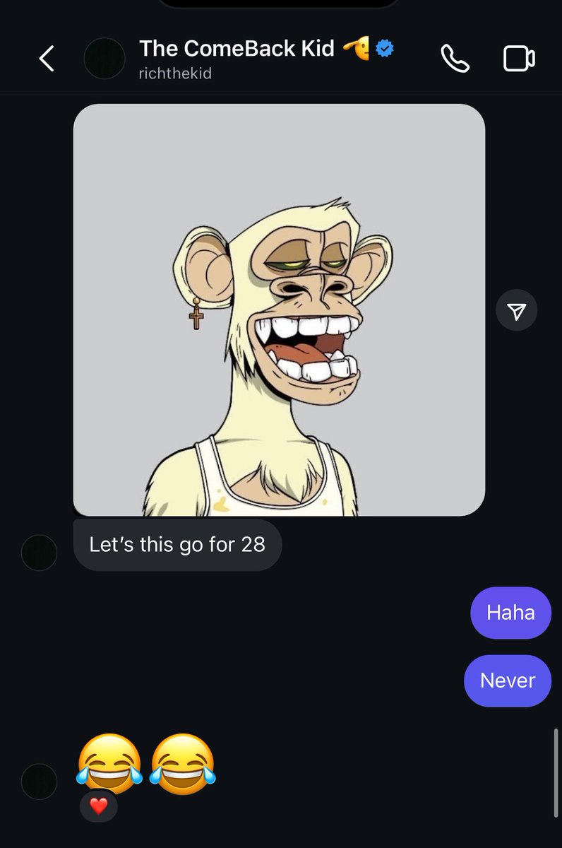 When <a href="/richthekid/">Rich The Kid</a> tried to snag my ape during the first big runup…I stayed true to my word—NEVER

Happy bday <a href="/BoredApeYC/">Bored Ape Yacht Club 🍌</a>. <a href="/CryptoGarga/">Garga.eth (Greg Solano)</a> and <a href="/GordonGoner/">GordonGoner (Wylie Aronow) 🍌</a> 2024 LFG

#bayc #BoredApeYachtClub