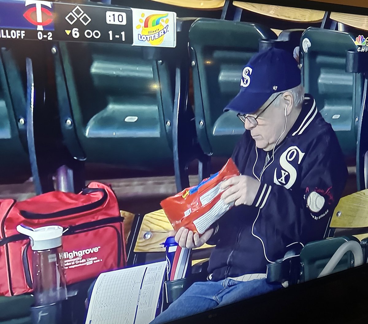 The kind older gentleman in the White Sox jacket sitting alone at the Twins game with headphones on, peanuts, his scorebook, little cooler bag. I want to be his friend.