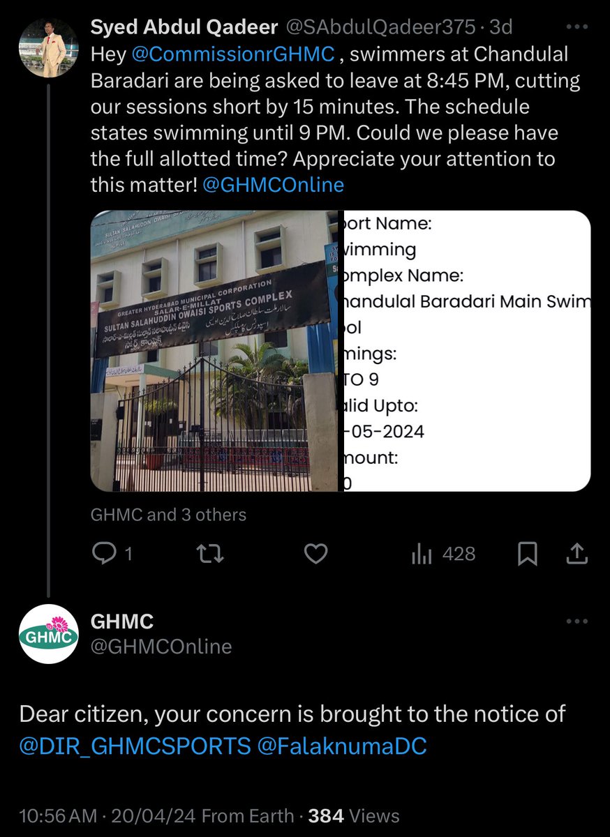 SAbdulQadeer375's tweet photo. We need action, not just acknowledgment, @CommissionerGHMC &amp; @GHMCOnline. The swimmers at Chandulal Baradari deserve the full time. It's time to dive into the issue and make things right. ⏱️🏊‍♂️ #TakeAction #ResolveTheIssue https://t.co/Vh258hZddJ