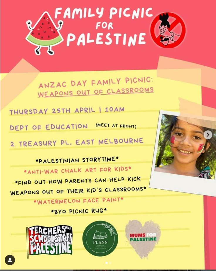 Naarm / Melbourne Family Picnic for Palestine

Thurs 25th April, 10 AM Dept. of Education 2 Treasury Place 

Join Teachers for Palestine Vic & Library Staff for Palestine to learn  weapons out of classroom campaign & support teaching about Palestine.

Kids activities. BYO Picnic