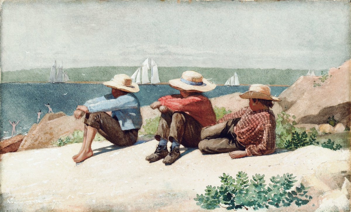 Gorgeous vintage paintings here linda-howes.pixels.com/featured/watch… #WinslowHomer #WatchingTheShipsGloucester1875 #Ocean #AtlanticOcean #NewEngland #Sea #Sailboats #water #boys #Homer #hats #leisure #wallart #WatercolorPaintings #Seashore