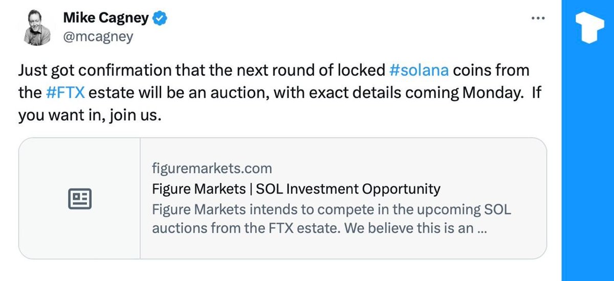 Figure CEO Mike Cagney announced that the next batch of locked Solana tokens will be auctioned due to high demand.