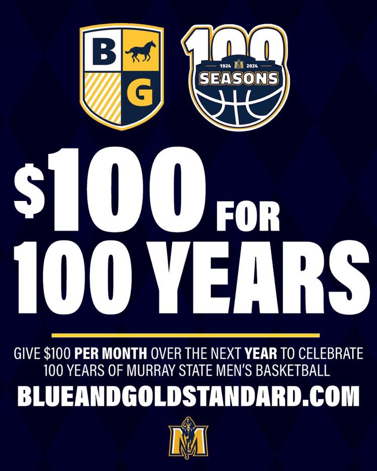 Happy Tuesday, Racer Nation! As we prepare to celebrate 100 years of Murray State Basketball, we hope you'll consider giving $100 a month to help provide opportunities for our student-athletes through the Blue & Gold Standard. You can donate here: blueandgoldstandard.com