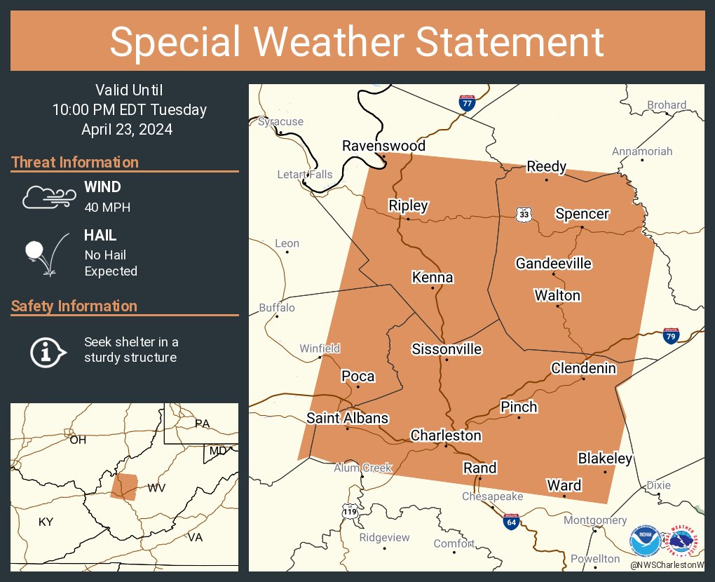 A special weather statement has been issued for Charleston WV, South Charleston WV and Saint Albans WV until 10:00 PM EDT