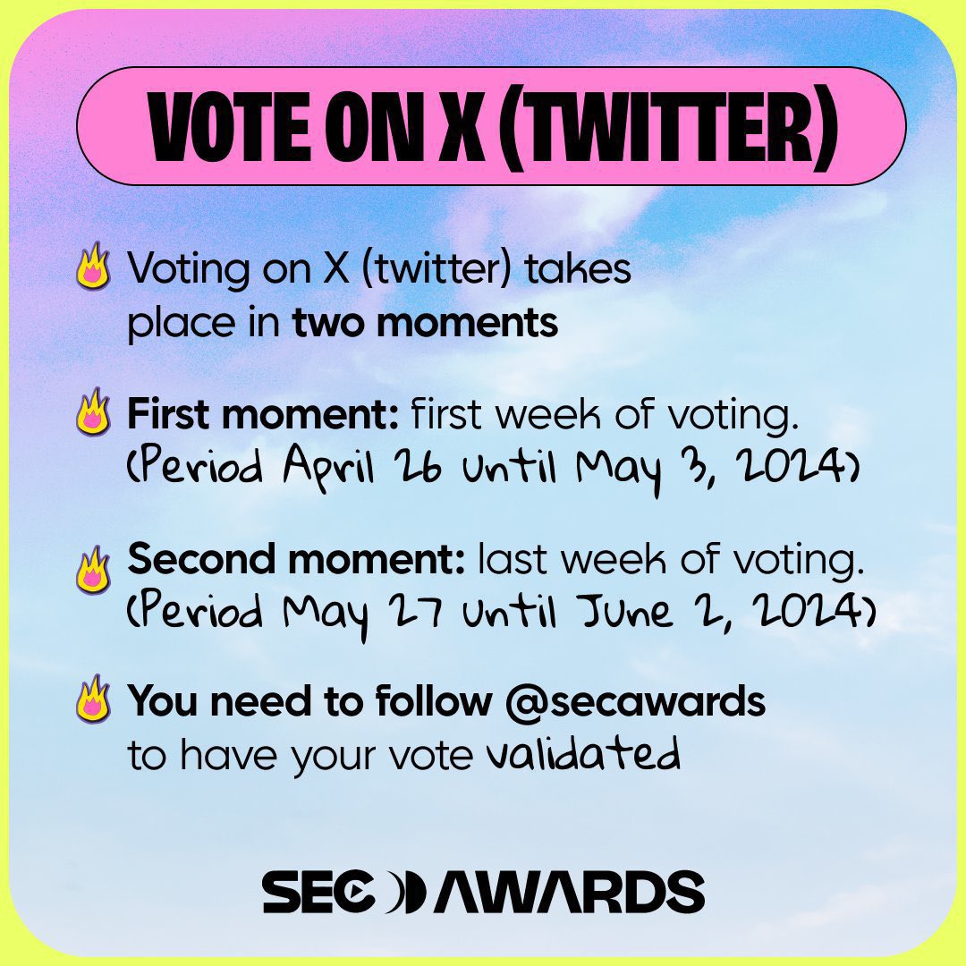 ONCE_GLOBAL's tweet photo. 🗳️ TWICE is nominated at the SEC AWARDS - Grupo Internacional category
X voting:
•Follow @secawards
•Period: 4/26-5/3
•Tweet format:
I vote for #Twice #GroupMusical #SECAwards @JYPETWICE
Web voting:
•https://t.co/FCIZLTJ410
•Unlimited voting.
•No registration necessary.
#TWICE #SECAwards2024 @JYPETWICE