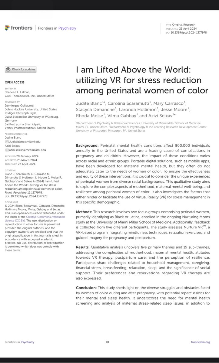 📢 New  Scientific Publication🚨
 #MaternalHealth,  #womenofcolor
#Blackmothers #Latinamothers 
#Birthingpeople
#perinatalmentalhealth #ReproductiveRights #reproductivejustice #Postpartum #VR #MiamiTechMonth
The paper was published today in @FrontiersIn 
frontiersin.org/journals/psych…
