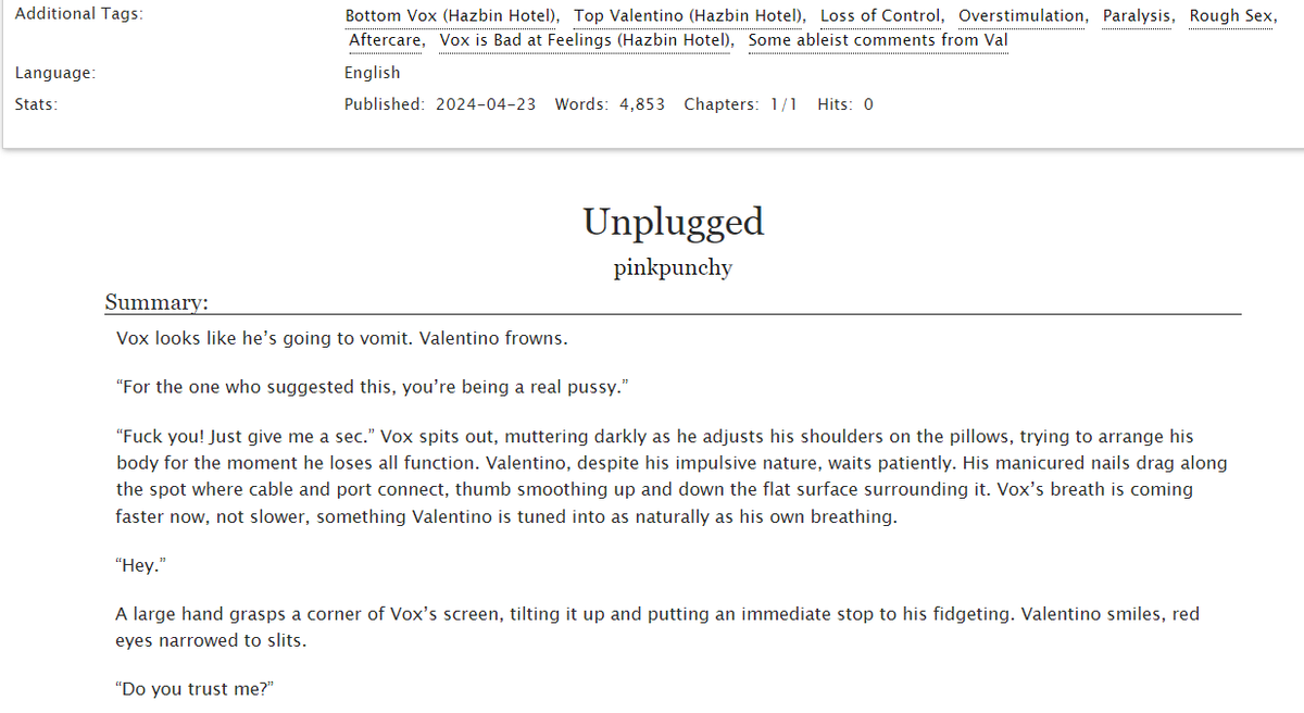 pinkpunchy's tweet photo. Unplugged: Day 7
Finally done! A oneshot about Vox relinquishing control. After Valentino is physically vulnerable with him, Vox tries reciprocating, in the form of letting Val unplug a very vital cable.
https://t.co/1cyWXuDd6H
#SMWRevival2024 #Staticmothweek2024 #VoxVal https://t.co/dtsWk0vIMS