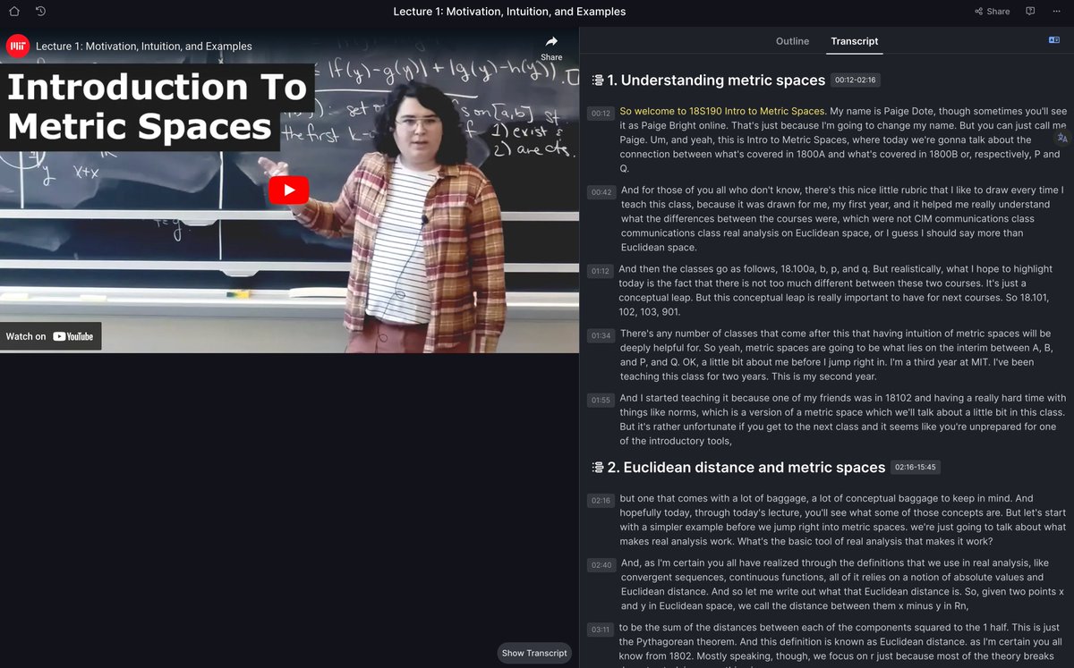 MIT 18.S190 Introduction To Metric Spaces

Instructor: Paige Bright
How do we go from real analysis on Euclidean space to more general settings? We use metric spaces! In this six-lecture course we develop the general theory of metric spaces, including compact sets, complete