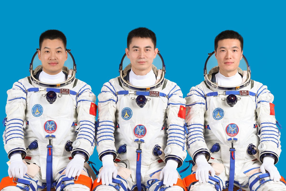 Chinese astronauts Ye Guangfu (C), Li Cong (R) and Li Guangsu will carry out the #Shenzhou18 crewed spaceflight mission, and Ye will be the commander, the China Manned Space Agency announced at a press conference on Wednesday.