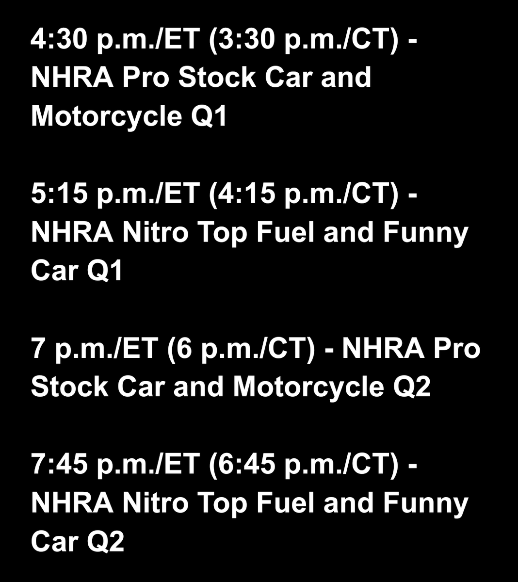 Friday schedule for the #FourWideNats at Charlotte features two qualifying sessions, one during the day and one at night. 

#NHRA
